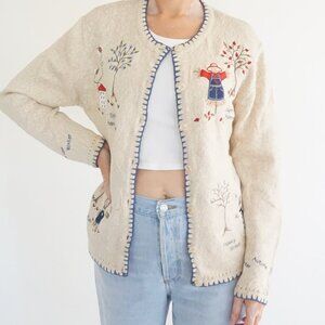 Vintage Christopher Banks Cream Cotton Knit Embroidered Grandmacore Cargiagan L